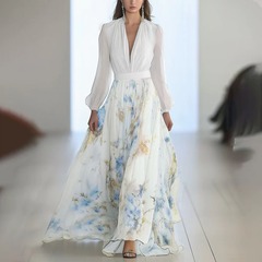 2025年ヨーロッパとアメリカの貿易婦人服Amazon独立ステーションデジタルプリント長袖Vネックスプライシングロングドレス。