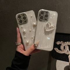 高級電鍍立體珍珠愛心適用iphone15promax蘋果14手機殼13新款12女