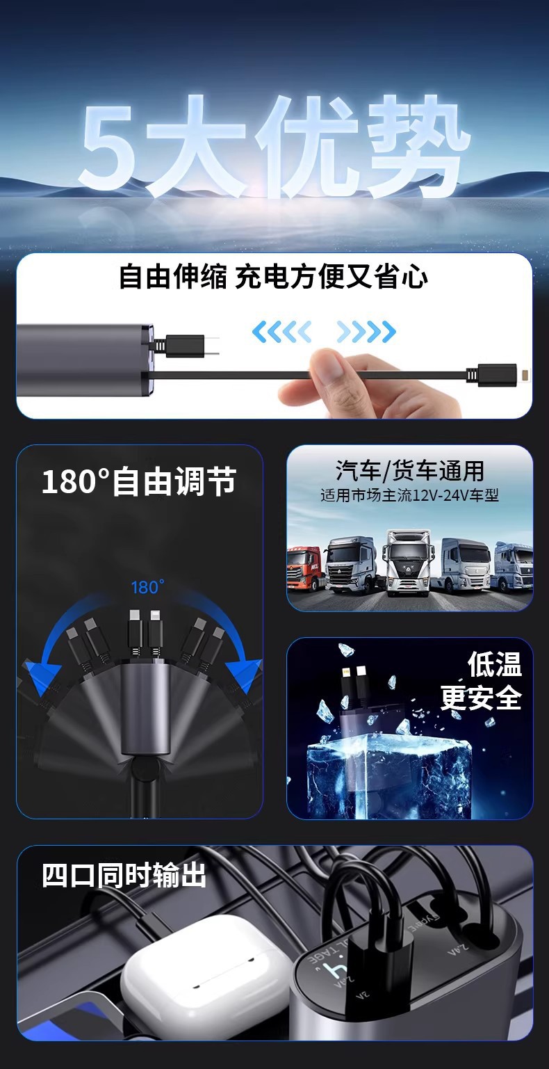 Cross-Border Hot-Selling 120W Car Charger, Super Fast Charging for Mobile Phones, Cigarette Lighter Adapter with Retractable Cable