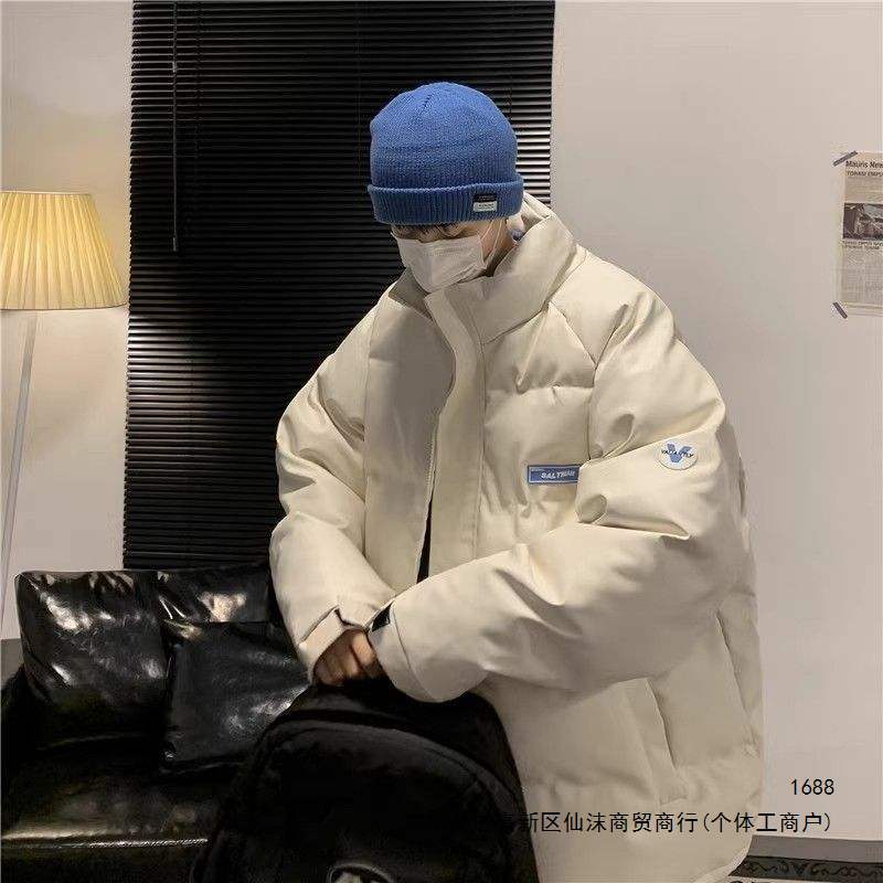 Men's winter new trendy thick loose label stand collar cotton-padded jacket American motorcycle PU leather cotton coat