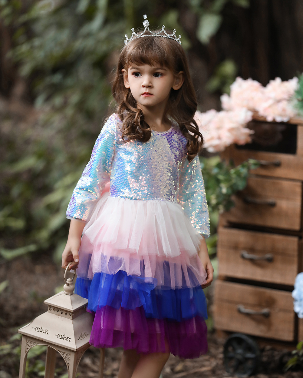 亚马逊新品儿童礼服公主裙中小童亮片演出礼服拼色蛋糕裙现货批发