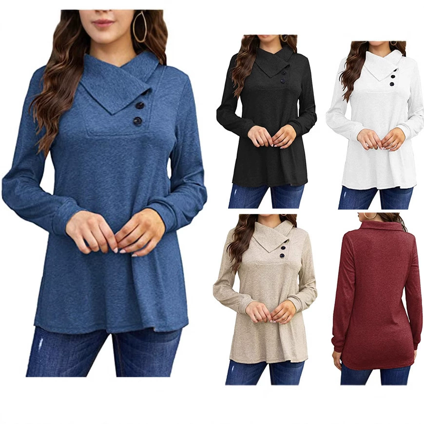 Новинка сезона: женская футболка с длинным рукавом, однотонная, свободного кроя, для трансграничной торговли, хит продаж на Amazon и других независимых площадках.