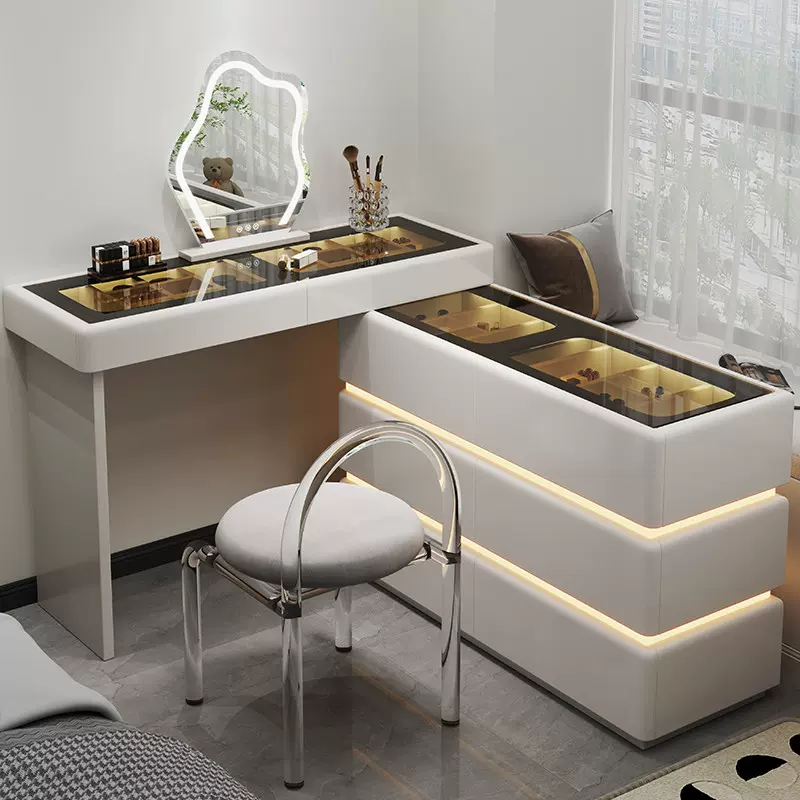 奶油风卧室梳妆台化妆桌斗柜一体简约现代2025新款法式旋转化妆台