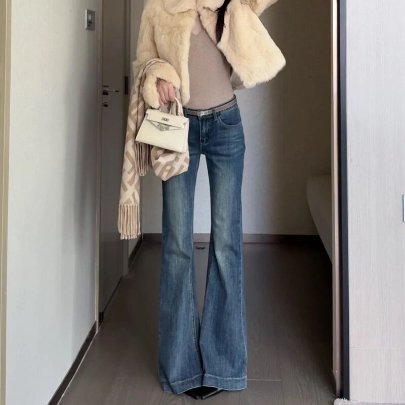 American-Style Spicy Retro Blue Flared Jeans for Women, New Spring and Autumn Mid-Low Waist, Non-Tight Floor-Length Pants