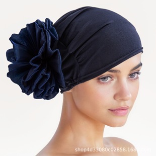 Aliexpress Amazon New Muslim Solid Color Large Flower Turban Hat European and American Milk Silk Turban Hat with Flower Pattern