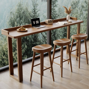 Solid Wood Bar Table and Chairs for Home Use, Natural Wood High-Legged Table, Long Narrow Table, Balcony Simple Modern Wall-Mounted Table and Chair Set