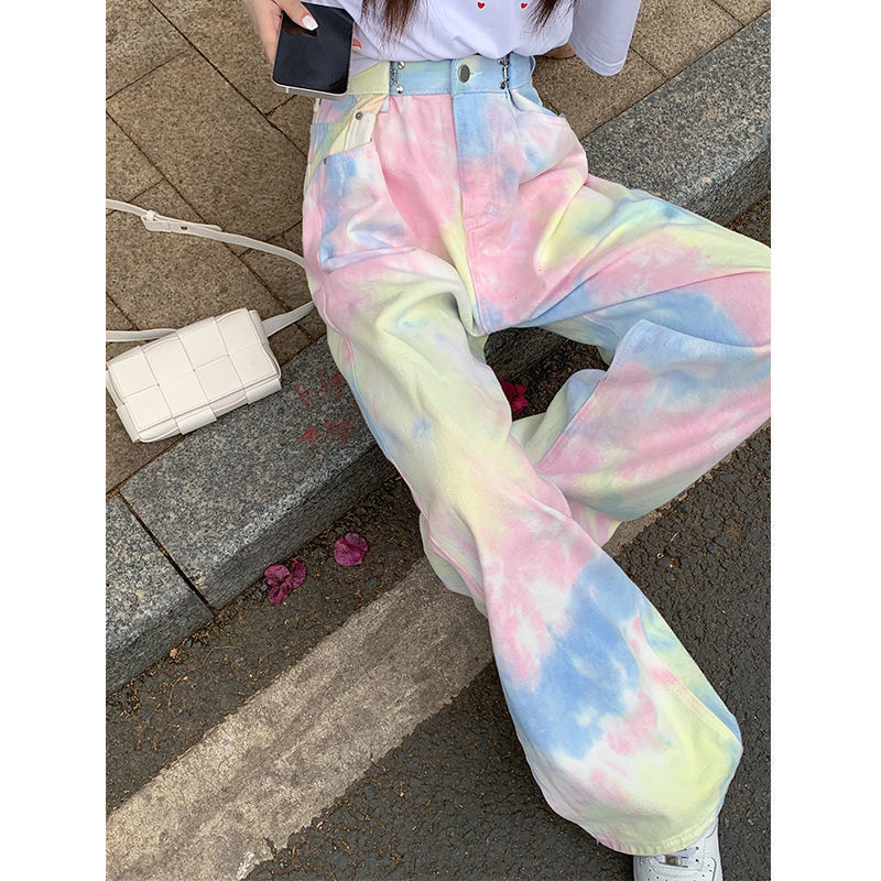 Large Size Rainbow Tie-Dye Jeans Women's 2023 Summer New Korean Style Loose Waist Adjustable Straight Pants for Chubby Girls Large Size Rainbow Tie-Dye Jeans Women's 2023 Summer New Korean Style Loose Waist Adjustable Straight Pants for Chubby Girls