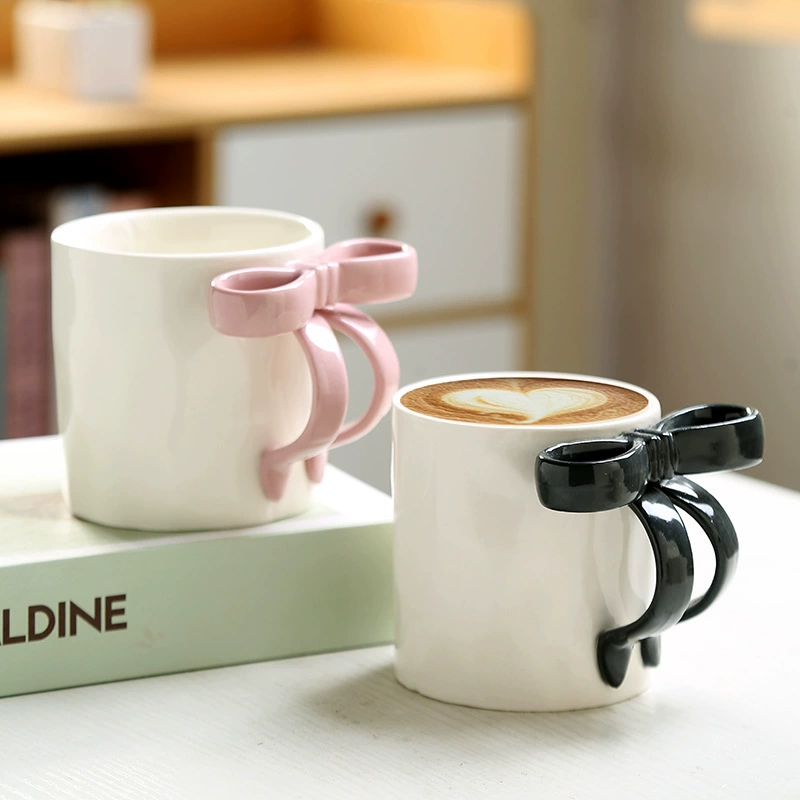 Mug (INS) Bow-Handle Creative Ceramic Cup, 400 ml, with Coaster — Bow / Kiln Finish