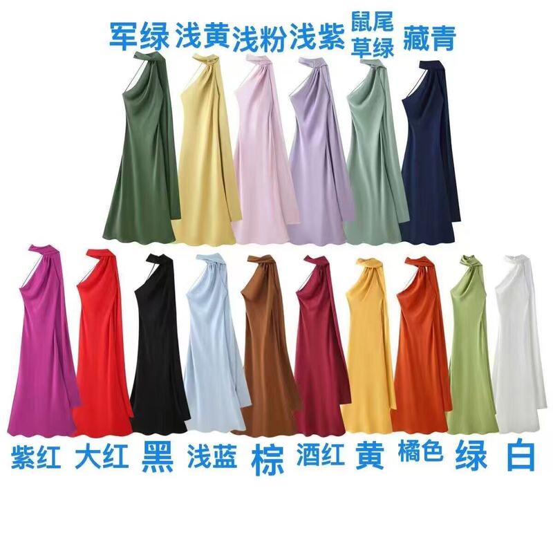 Foreign Trade Cross-Border Women's Clothing Wholesale 2025 New Summer Silk Satin Texture Ribbon Halter Neck Long Dress Foreign Trade Cross-Border Women's Clothing Wholesale 2025 New Summer Silk Satin Texture Ribbon Halter Neck Long Dress