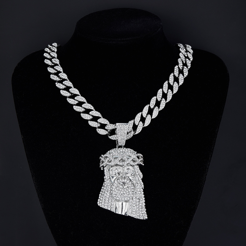 Cross-Border European and American Style Pendant Necklace for Men, Hip-Hop Trendy Alloy Inlaid Rhinestone Pendant, Cuban Chain Jewelry