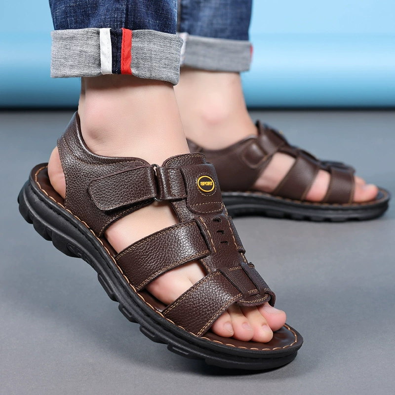 Летние sandal'ы, кожаная нескользящая обувь для пляжа, натуральная кожа