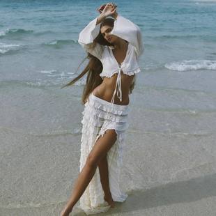 European and American Cross-Border Sexy Beach Bikini Cover-Up Long-Sleeved Waist-Revealing Sun Protection Clothing Lace Slit Long Skirt Two-Piece Set