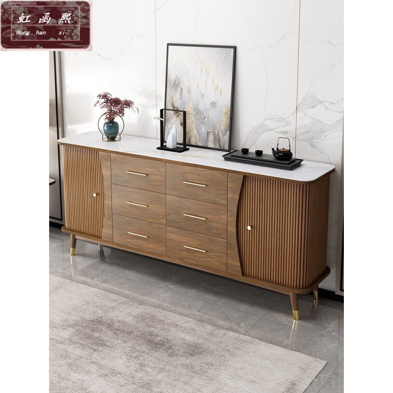 New Chinese Style Double Sliding Door Storage Cabinet Storage Cabinet Sideboard Wine Cabinet Integrated Wall Solid Wood Home Kitchen Cupboard