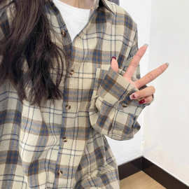 格子衬衫女内搭叠穿春秋薄外套长袖上衣格子衫复古衬衣防晒女通勤