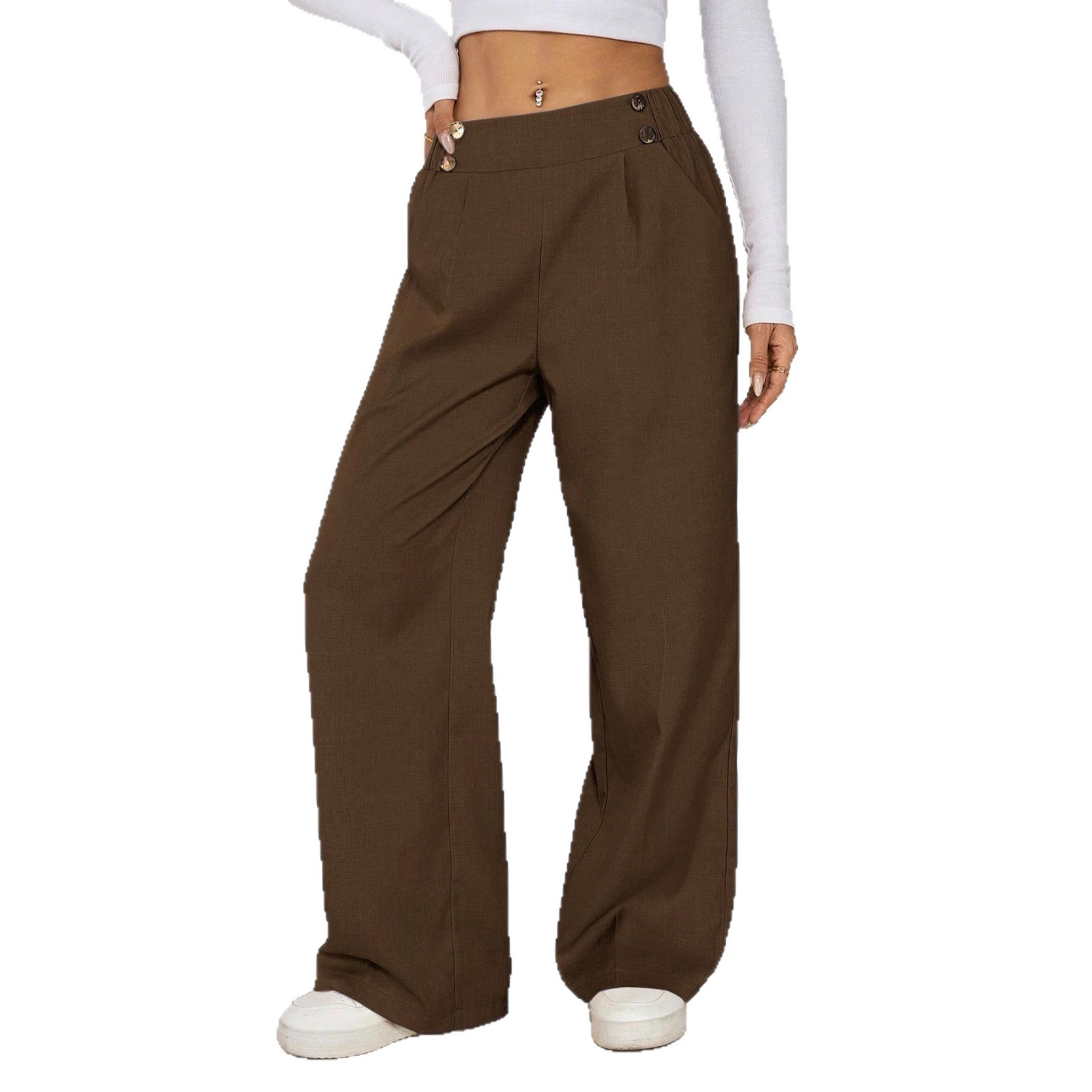 Women's Wide Leg Straight Leg Trousers Casual Fashion European American Style Button Decoration Commuting Pants_ecoleips.com