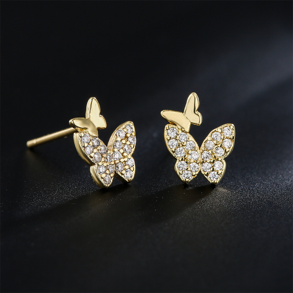fashion double butterfly earrings copper plated 18K gold zircon earrings