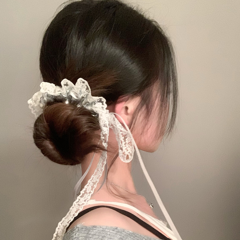 ins nicho dulce cool plateado encaje anillo de cabello larga correa de alto elástico cabeza detrás de la cabeza cabello de cabello