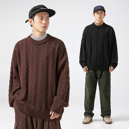 Hanlu Japanese-style Men's Knitted Sweater with Twisted Weave, Solid Color, Crew Neck – Unisex Autumn/Winter Loose-Fit Retro Knitwear Jacket