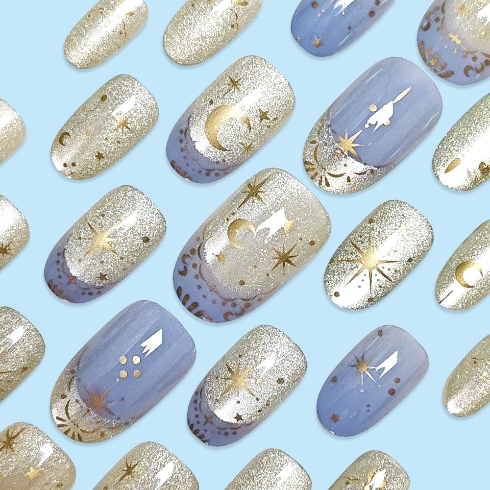 Uñas Postizas de Moda con Diseño de Estrellas y Luna, Efecto Ojo de Gato Azul y Plateado, 24 Piezas de Uñas Postizas Cortas de Alta Gama