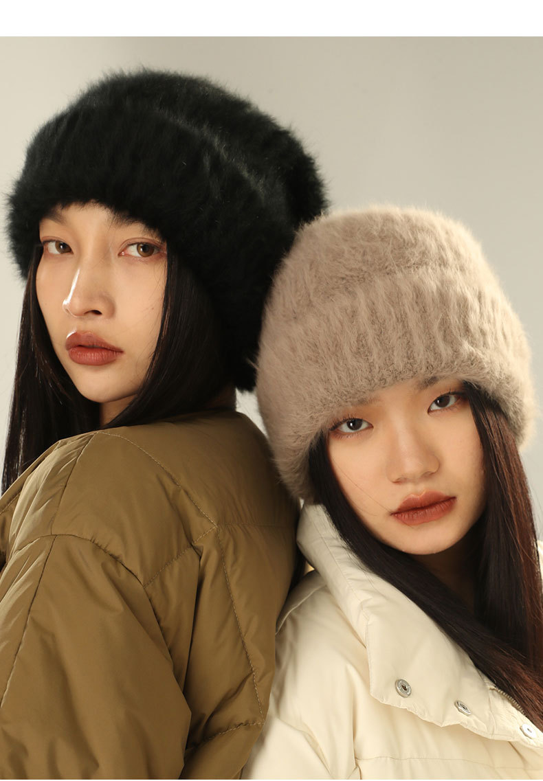 New Hot Selling Little Rabbit Hair Knitted Hat for Women in Autumn and Winter, White Big Headed Knitted Hat, Giant Woolen Hat, Plush Cold Hat for Men_voghion.com