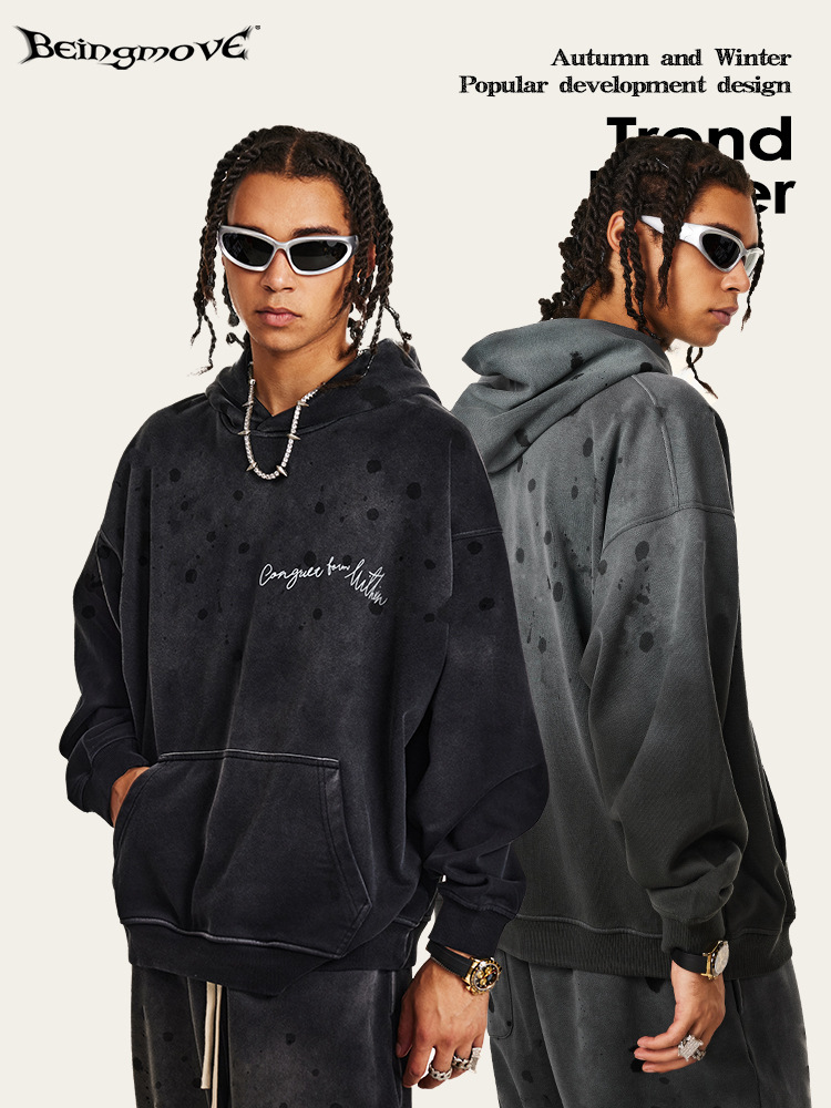 2025 otoño estilo de moda americano negro gris pesado suelto chaqueta con capuz estilo de moda masculino alta sensación de pareja retro