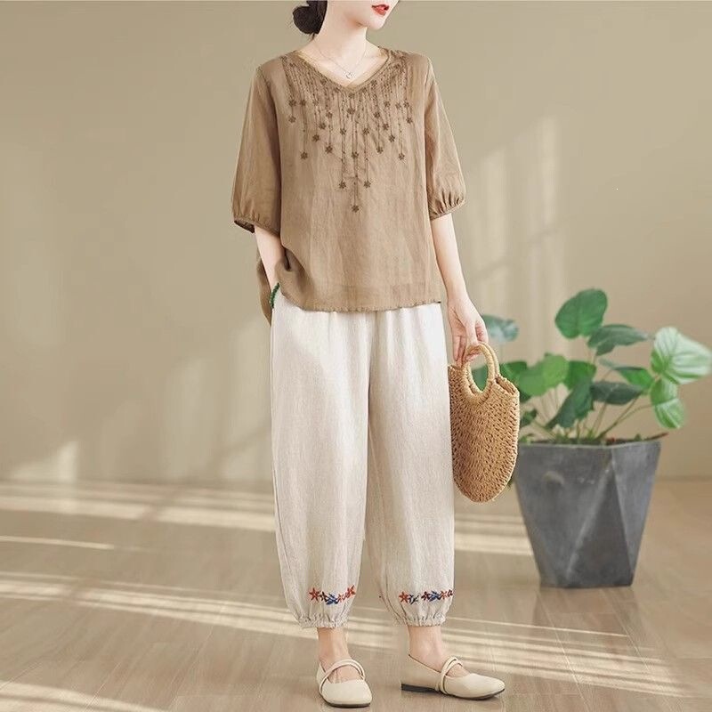 Middle-Aged and Elderly Women's Summer Outfit Set 2026 New Summer Style Plus Size Slimming Embroidered Loose Cotton and Linen Two-Piece Set Middle-Aged and Elderly Women's Summer Outfit Set 2026 New Summer Style Plus Size Slimming Embroidered Loose Cotton and Linen Two-Piece Set