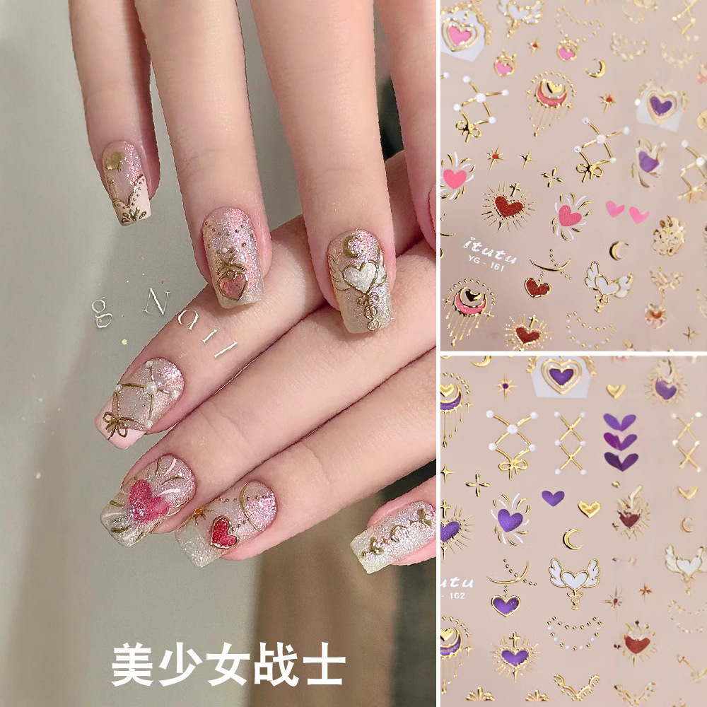 Bonita guerrilla en relieve estampado pegatinas de uñas de ensueño polvo de agua hielo luna estrella luna totem joyas de uñas