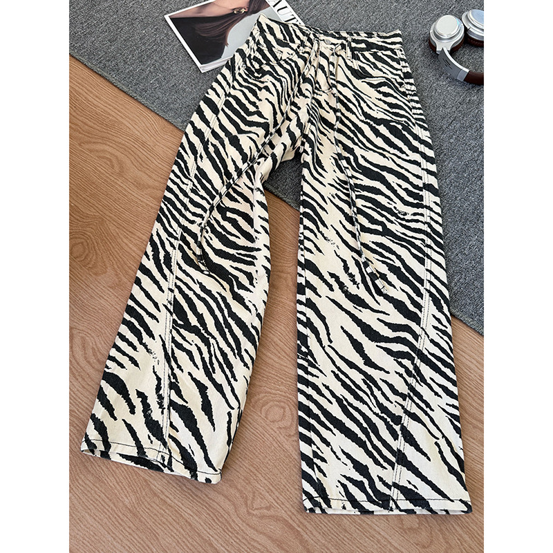 Vintage Zebra Print Wide-Leg Scimitar Jeans Spring Trendy American Design Pants Men's Vibe Style Floor-Length Pants