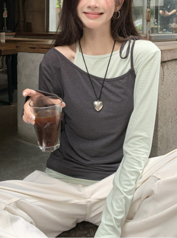 2025秋季露肩设计感斜肩撞色两件套系带显瘦百搭显瘦上衣T恤女|undefined