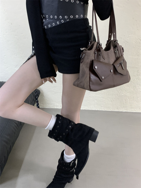 2025辣妹裤管短靴女粗跟美拉德中筒靴气质尖头显瘦骑士马丁靴|undefined