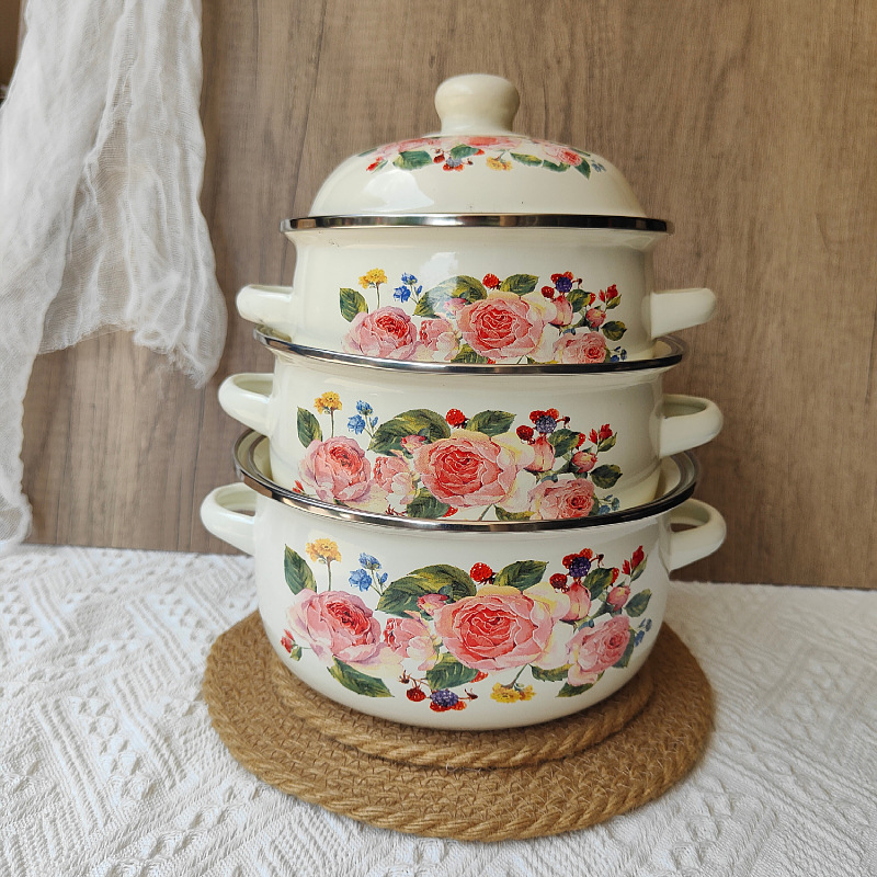 Tres piezas de esmalte olla esmalte pan hogar diario multi-especificación esmalte olla con tapa binaural regalo sopa olla