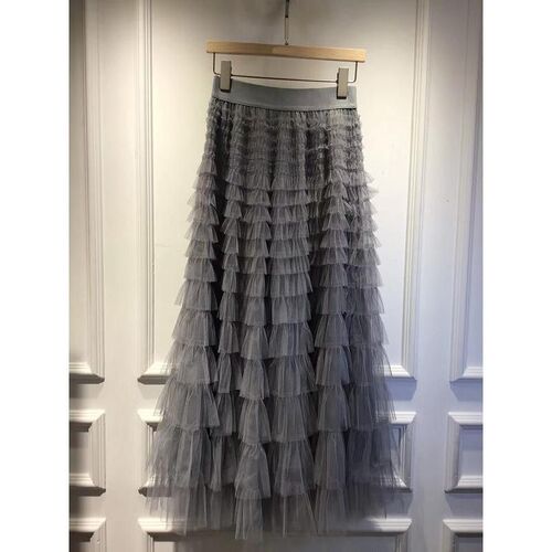 Fairy Style Mesh Ruffled Elegant Skirt Women's European Style Celebrity Long Dress Slimming Multi-layer Cake Skirt