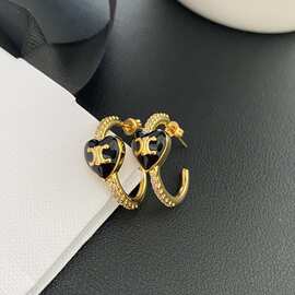 金色凯旋门爱心耳环黑色珐琅耳圈镶钻高级感耳钉轻奢耳饰女士