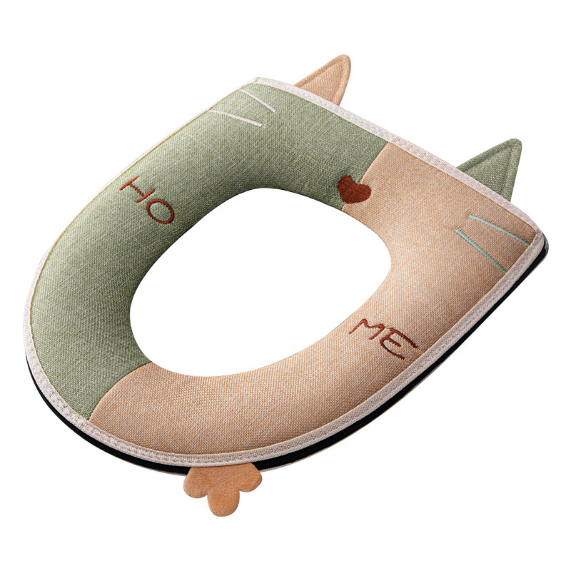四季対応 猫柄 コントラストデザイン ハンドル付きトイレマット ジッパー式シートクッション トイレカバー 刺繍入りトイレカバー|undefined