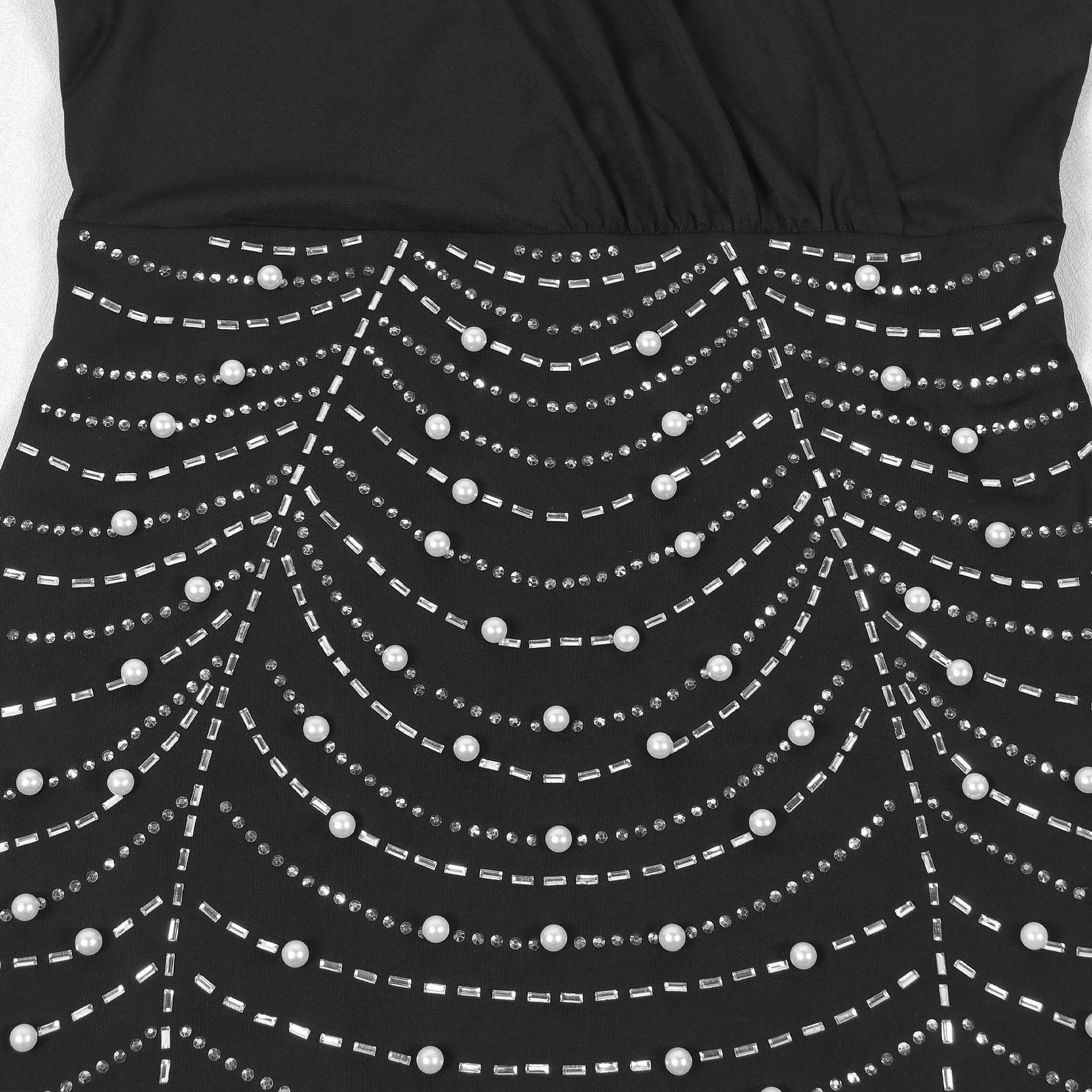 Sexy Drilling V neck Stitching See through Sleeve Hip Stretch Dress