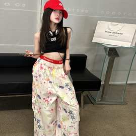 女童涂鸦印花工装裤2025夏季薄款高腰阔腿裤洋气小女孩街舞表演服