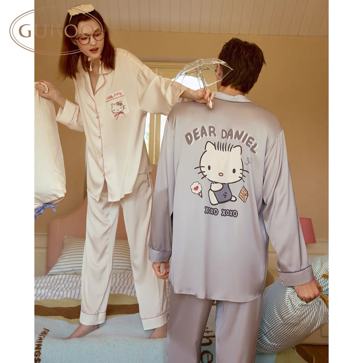 Cute Hello Kitty Couple Pajamas in the Same Style as Guohe, Women's Spring and Autumn Ice Silk Long-Sleeve Pajamas, Men's Summer Loungewear