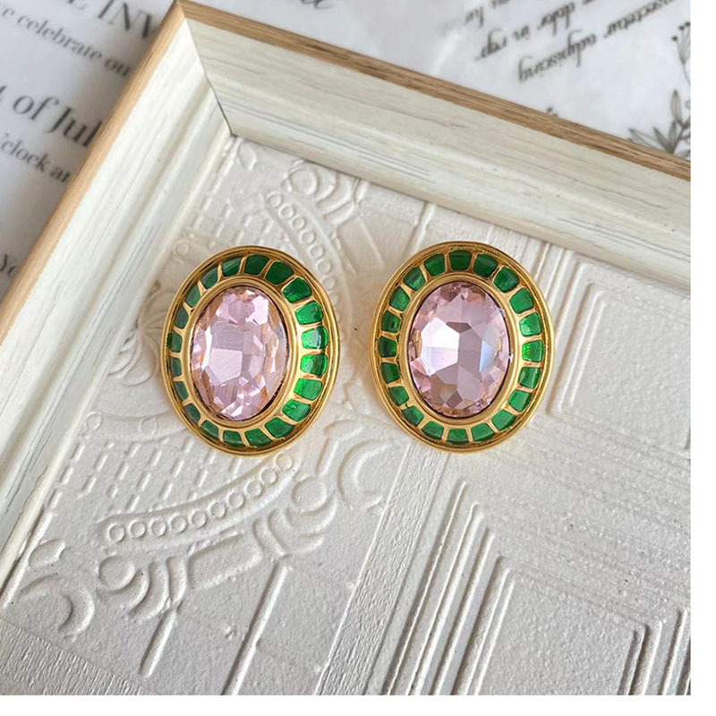 Retro Oval Copper Enamel Plating Inlay Zircon Ear Clips Ear Studs 1 Pair display picture 5