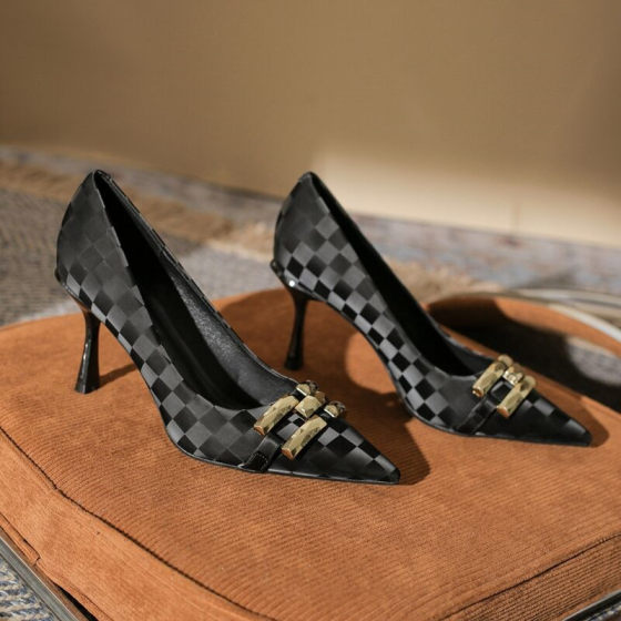 French High Heels Women's 2023 Spring and Autumn New Metal Chain Niche All-Match Shallow Stiletto Heel Pointed Single-Layer Shoes for Women