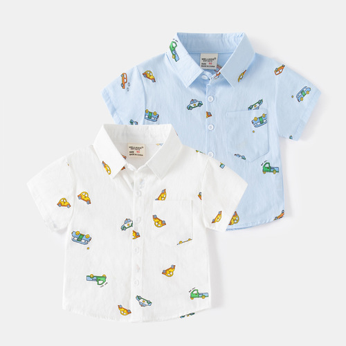 Korean style casual lapel boys' shirt, outdoor travel printed children's short-sleeved cartoon car children's cotton shirt