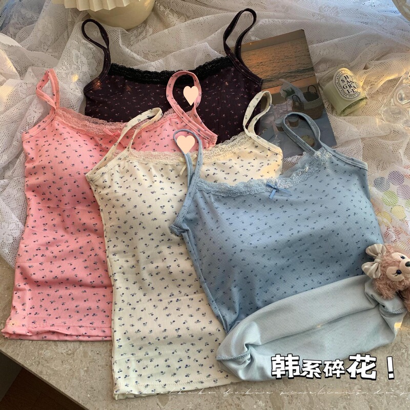 Sweet Spice Girl Blue Lace Camisole Women's Summer Bm Floral Inner Base Short Top with Chest Pad Sweet Spice Girl Blue Lace Camisole Women's Summer Bm Floral Inner Base Short Top with Chest Pad