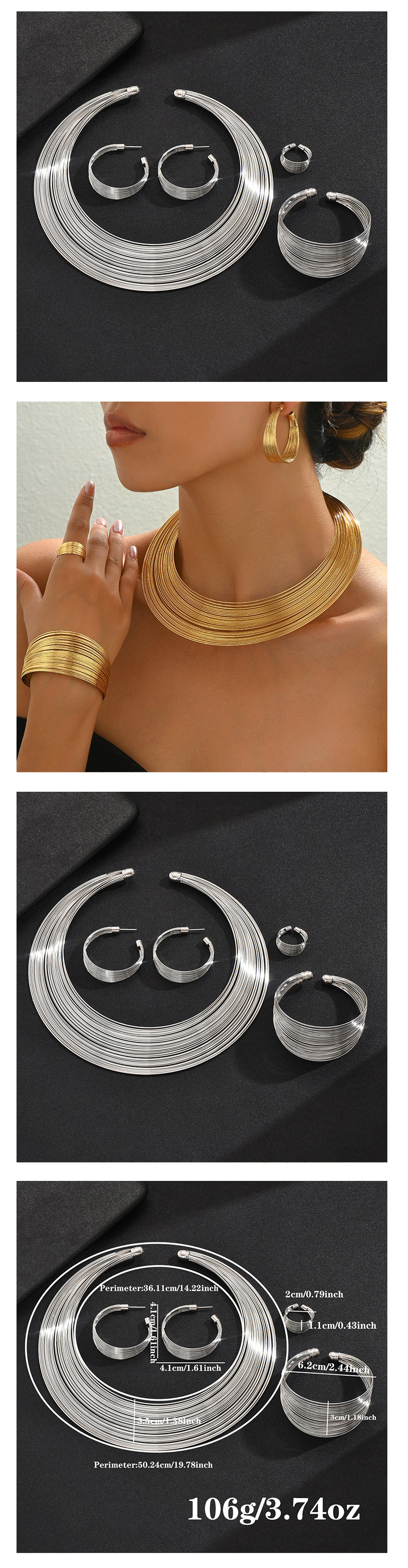 Exaggerated Metal Ring Coil Multi-layer Collar Set, Women's Fashion Versatile High-end Necklace Four-piece Set_voghion.com