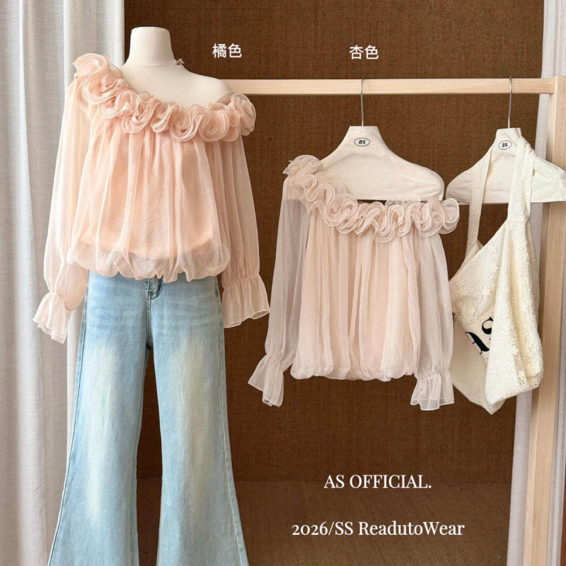 Ruoxin 20265 New Style Three-Dimensional Lace Off-Shoulder Sweet Chiffon Blouse Long-Sleeve Top for Women Sweet Off-Shoulder
