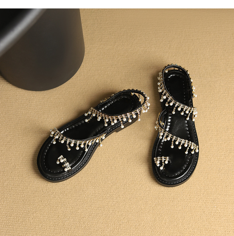 Dép sandal nữ xỏ ngón đế bệt da bò phong cách La Mã tua rua ngọc trai — Màu nâu, Màu đen, Màu trắng be chi tiết 19
