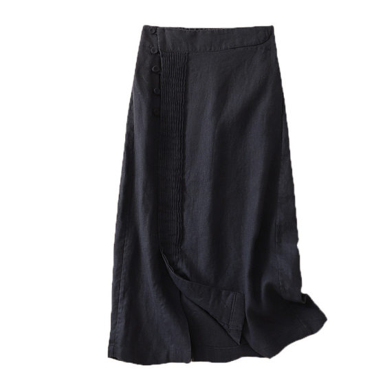 Real shot 2025 summer new vintage split overskirt women's loose A- line skirt long skirt cotton and linen skirt