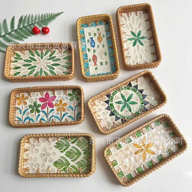 Vietnamese Rattan Shell Plate Small Rectangular Shell Tray Snack Fruit Plate Storage Basket Fruit Basket Storage Basket