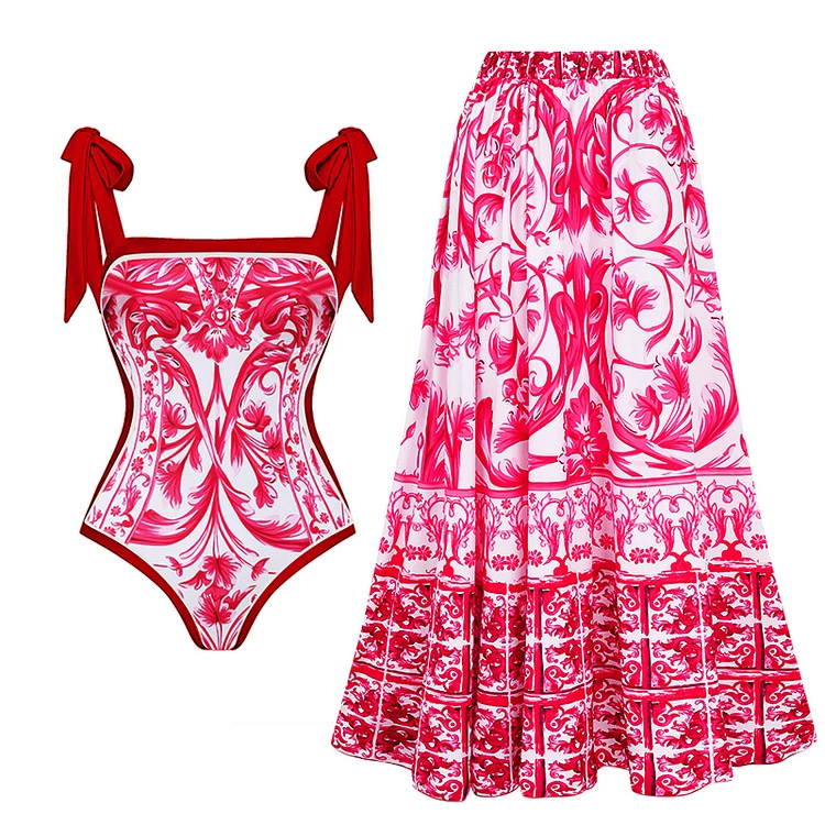 One-Piece Swimsuit (Qiao Jiayuan) 2025 Retro Style with Wrap Skirt, Crane Print, S–XL & One Size