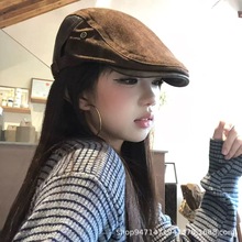 秋季老钱风皮革前进帽气质复古麂皮绒鸭舌帽女文艺百搭报童帽子男
