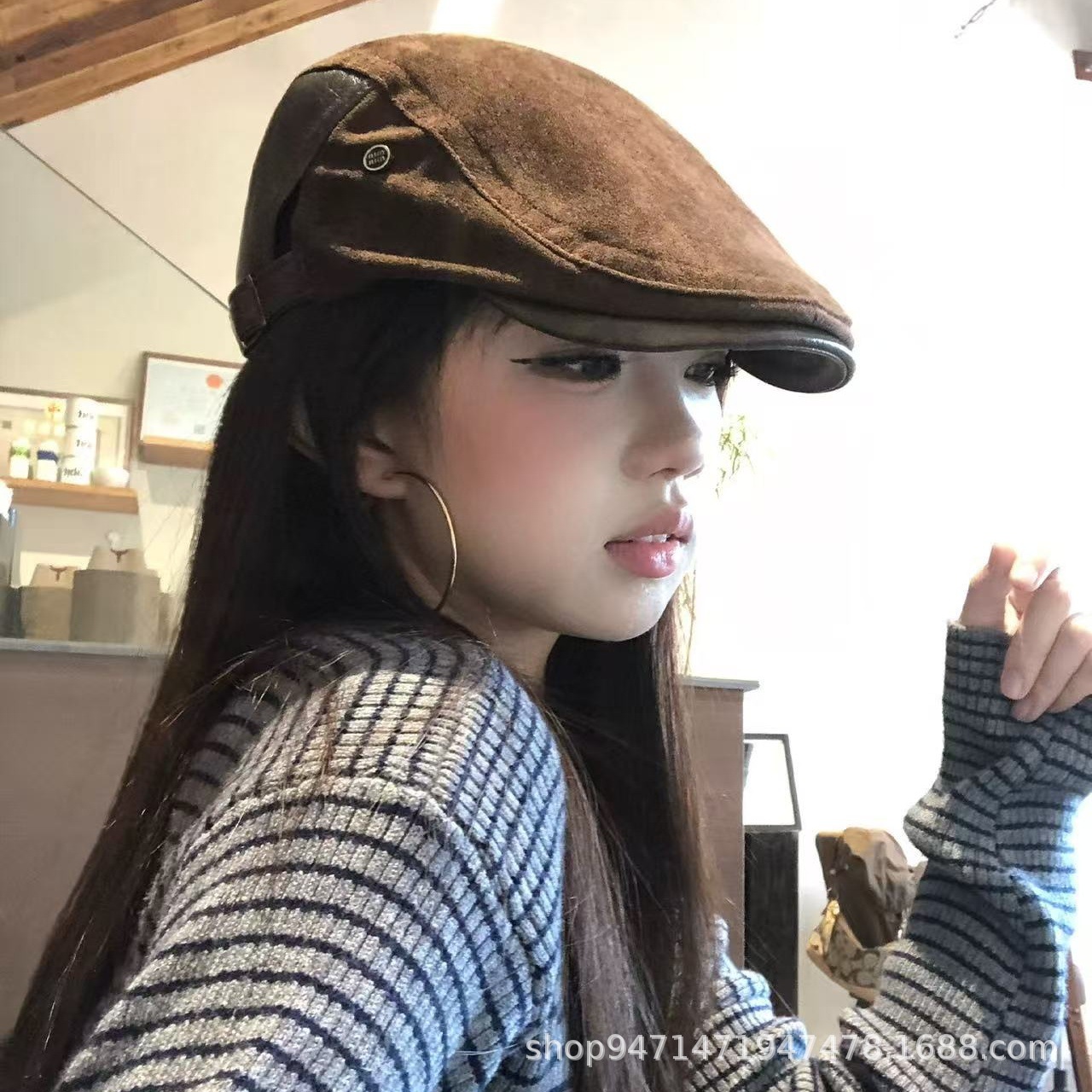 秋季老钱风皮革前进帽气质复古麂皮绒鸭舌帽女文艺百搭报童帽子男