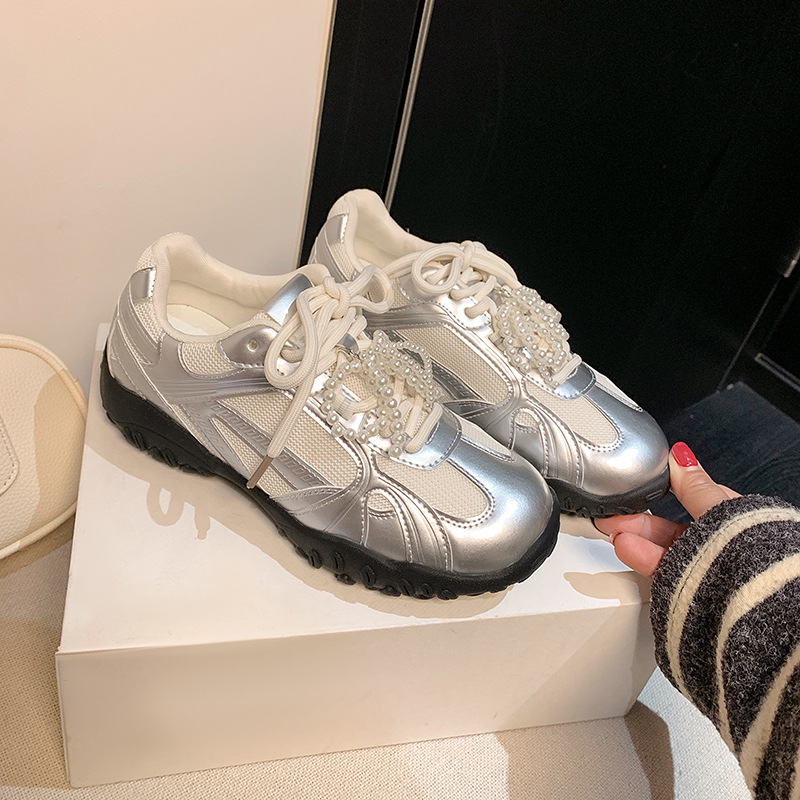 Su Yinyin, el mismo fondo de la luna creciente ~ Cinturón de perlas de encaje realza zapatos de Forrest Gump casuales zapatos de entrenamiento alemán para mujer